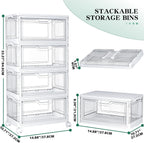 Kmiectse Clear Storage Bins with Lids - 4 Tier Plastic Bins with Wheels, Stackable Storage Bin, Closet Organizers Box for Bedroom, Living Room, 23 QT Folding Box with Magnetic Door