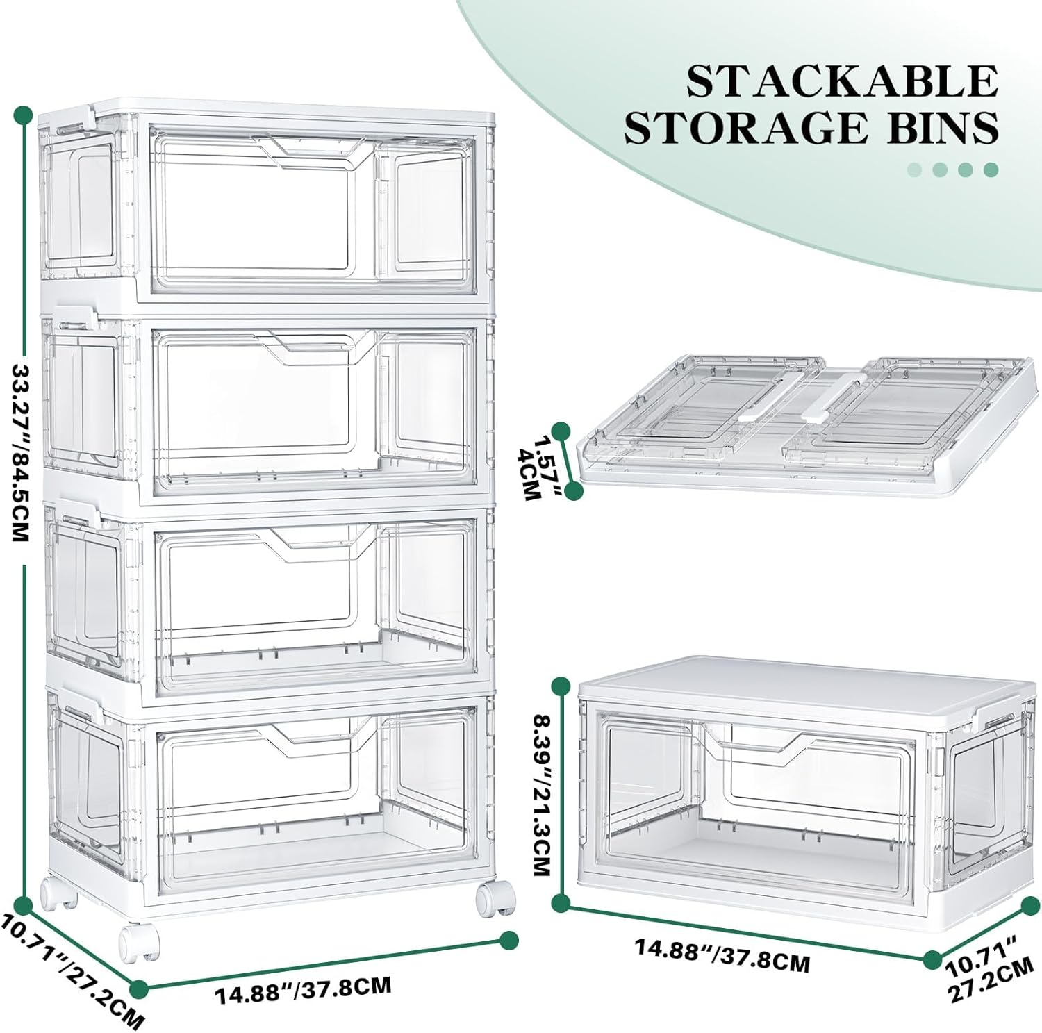 Kmiectse Clear Storage Bins with Lids - 4 Tier Plastic Bins with Wheels, Stackable Storage Bin, Closet Organizers Box for Bedroom, Living Room, 23 QT Folding Box with Magnetic Door