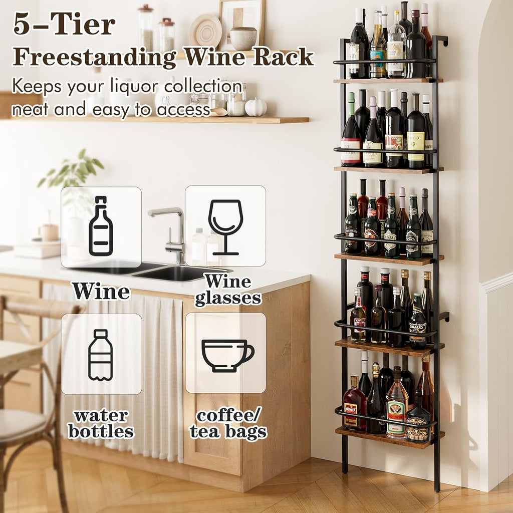 5-Tier Wine Rack Wall Mounted, Wine Racks Freestanding Floor with Fences, 50 Bottles Wine Bottle Holder Liquor Cabinet Bar Shelves for Home, Kitchen, Dining Room (Brown)