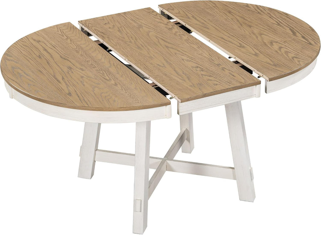 Knocbel Farmhouse 4-Person Extendable Dining Table Set, 5-Piece Dinette Set with Upholstered Nailhead Trim Chairs, Kitchen Dining Room Small Space Furniture Set (Oak Natural and Antique White)