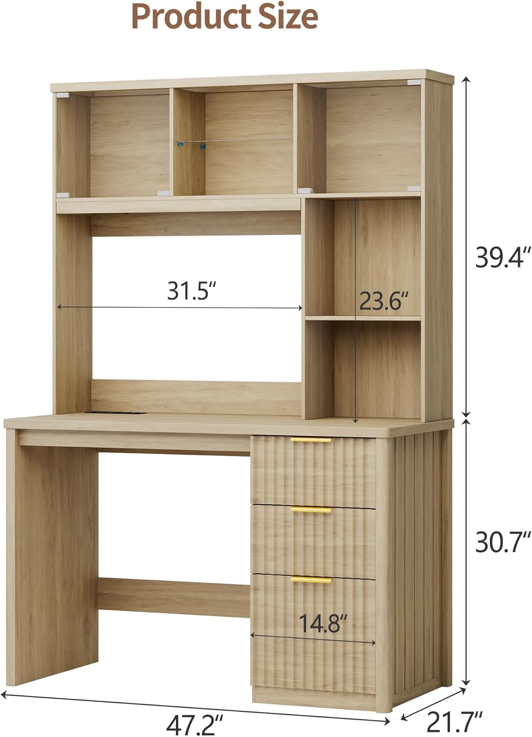 FREDEES LED Study Desk with Hutch, Home Office Desk with Charging Station & Storage Drawer, 70'H Writing Table with Glass Display Cabinet, 3 Color Light Computer Desks for Study, Wood