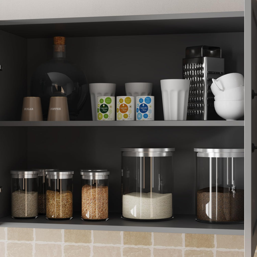 ECACAD Wall-Mounted Kitchen Pantry with Doors, Drawers & Adjustable Shelves, Kitchen Cupboard Storage Cabinet with White Top for Living Room, Grey