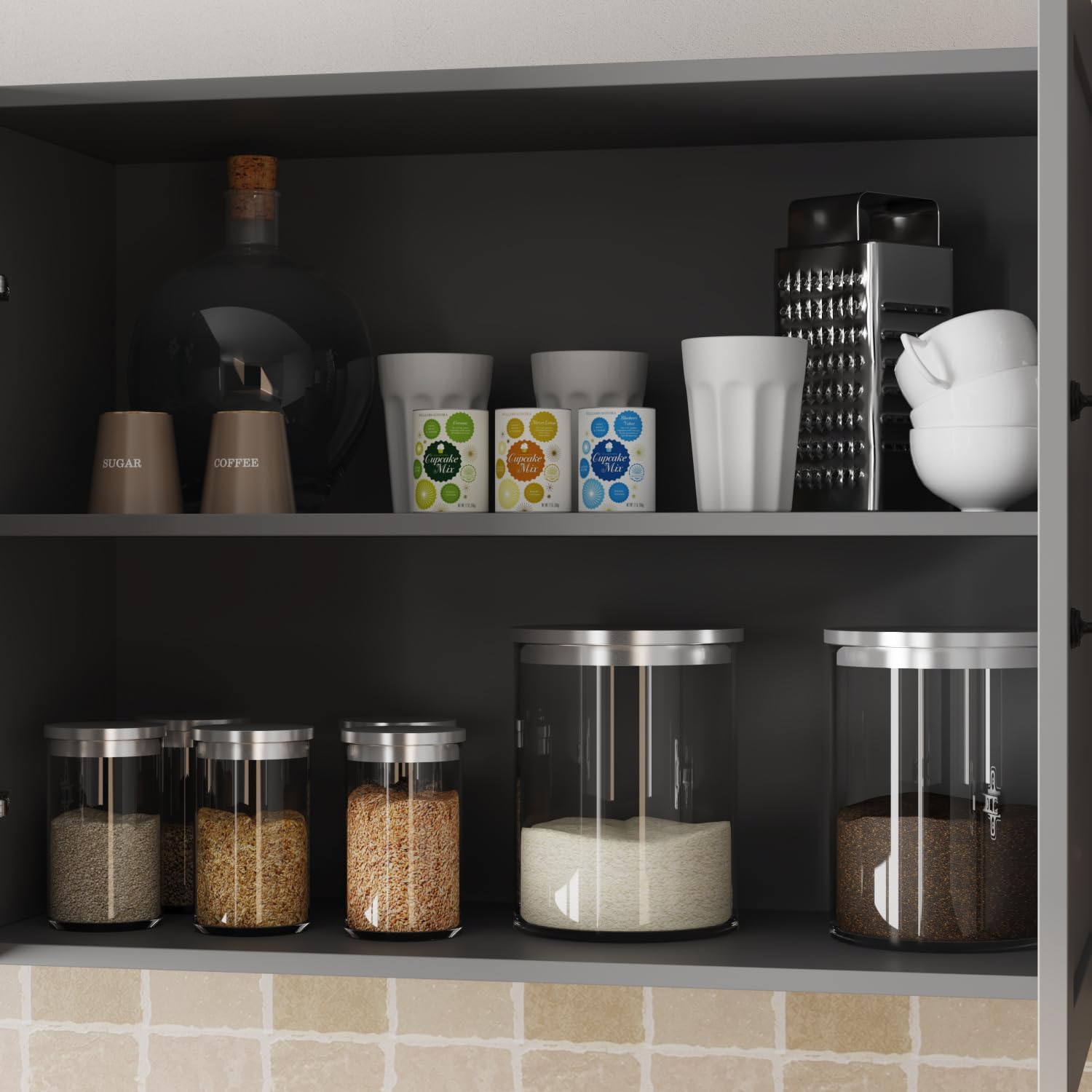 ECACAD Wall-Mounted Kitchen Pantry with Doors, Drawers & Adjustable Shelves, Kitchen Cupboard Storage Cabinet with White Top for Living Room, Grey