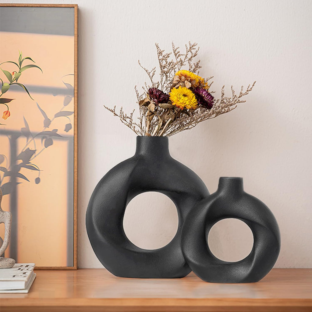 Black Ceramic Vase Set of 2,Matte Modern Nordic Boho Home Decor for Living Room,Bedroom,Wedding Table