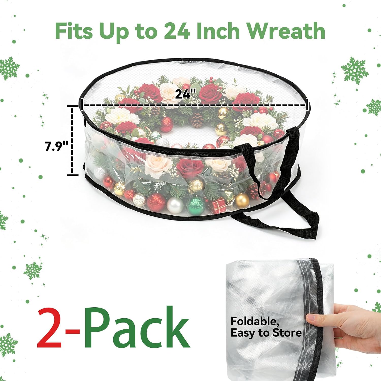 Wreath Storage Container 2-Pack, 24" Wreath Storage Bag for Garland Wreath Holder Holiday Decor Gift Storage, Wreath Bag for Spring Summer Autumn Christmas Wreath Storage