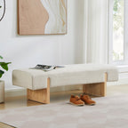 55’’ Upholstered End of Bed Bench, Linen Entryway Bench with Solid Wood Legs, Farmhouse Wooden Dining Room Bench for Bedroom, Living Room, Beige