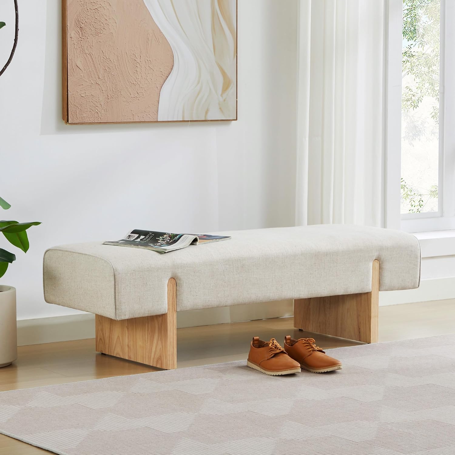 55’’ Upholstered End of Bed Bench, Linen Entryway Bench with Solid Wood Legs, Farmhouse Wooden Dining Room Bench for Bedroom, Living Room, Beige