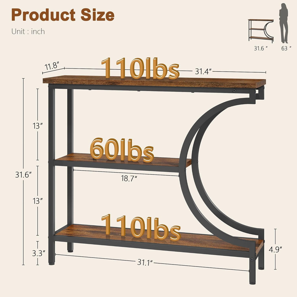 Hoctieon Console Table, 3-Tier Industrial Entryway Table with Storage, Hallway Tables, Narrow Entrance Sofa Tables, C-Shaped Metal Frame, Accent Tables with Shelves for Living Room, Rustic Brown