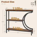 Hoctieon Console Table, 3-Tier Industrial Entryway Table with Storage, Hallway Tables, Narrow Entrance Sofa Tables, C-Shaped Metal Frame, Accent Tables with Shelves for Living Room, Rustic Brown