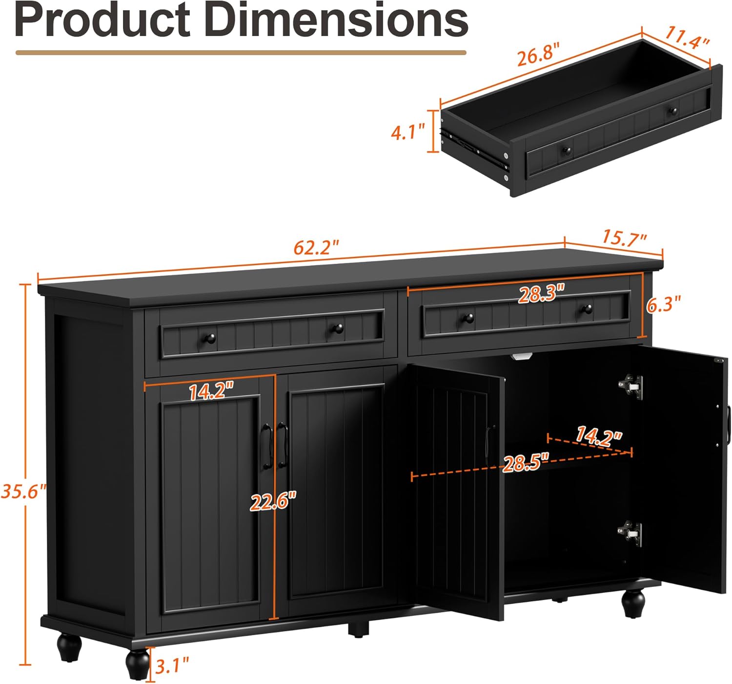 Scurrty Sideboard Buffet Cabinet, 62'' Large Storage Cabinet with Drawers and 4 Doors, Vintage Coffee Bar Cabinets with Adjustable Shelf for Kitchen, Living Room, Black