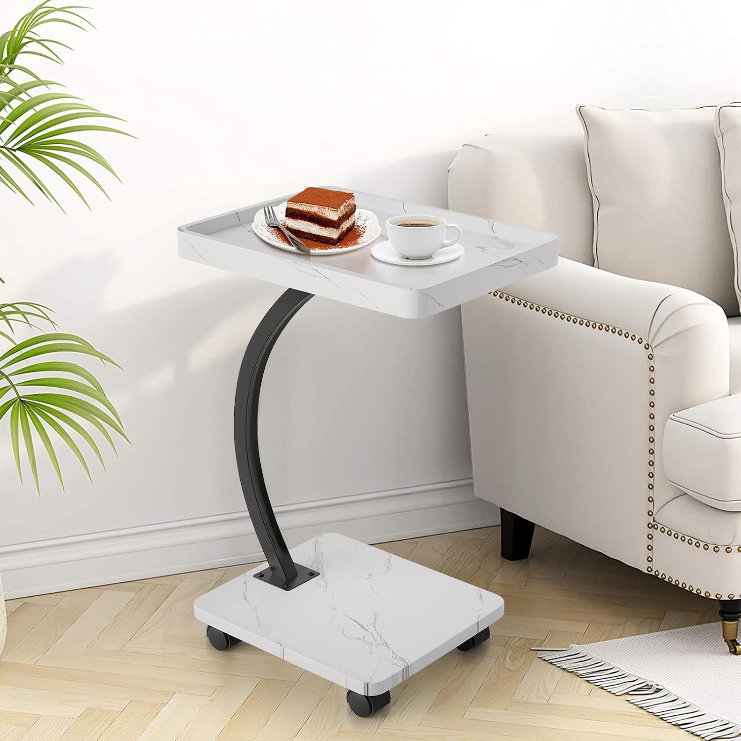 C Shaped TV Tray Table, C Shaped End Table for Couch, 2-Tier Rolling Small Side Table, Versatile Bedside & Laptop Desk, Side Table, White