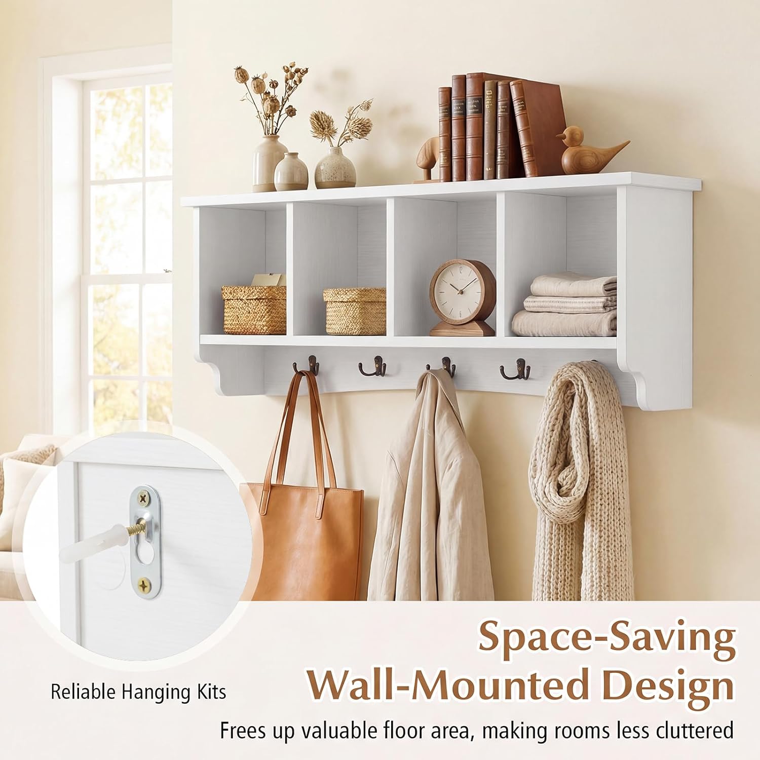 Giantex Wall Mounted Coat Rack, 28.5'' Wooden Floating Shelf with 4 Cubbies & 5 Double Hooks, Modern Space-Saving Storage Display Organizer for Entryway, Hallway, Mudroom (White)