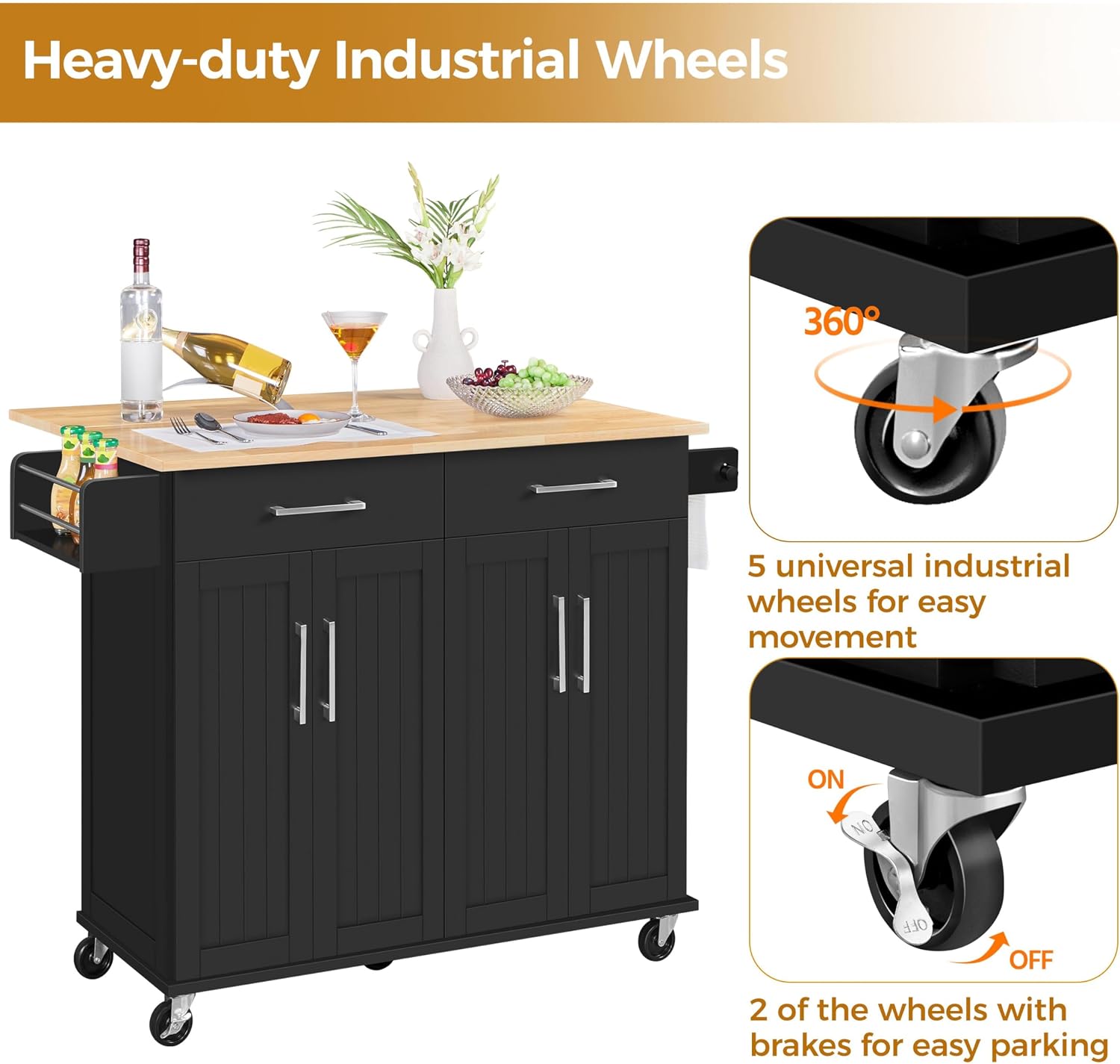 Yaheetech Kitchen Island Cart with Drop Leaf, 49" Rolling Island Table with Storage, Drawer, Kitchen Cart with Rubberwood Top, Detachable Towel & Spice Rack, Black