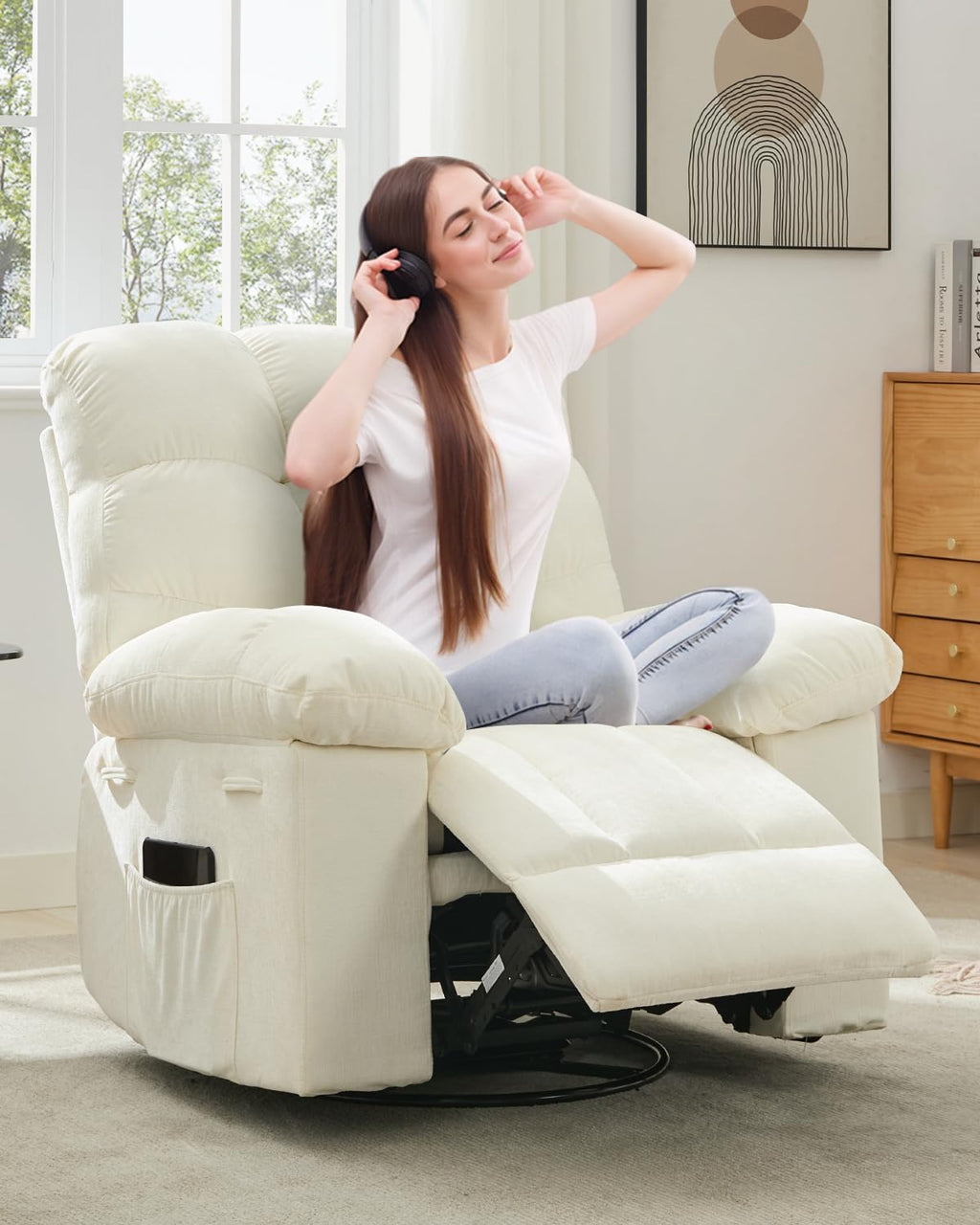 21.4'' Rocking Recliner Chair, 360° Swivel Rocker Chair for Living Room, Upholstered Fabric Glider Nursery Chair with Side Pockets for Small Spaces, Q235 Steel Frame Lazy Boy Recliner Single Sofa