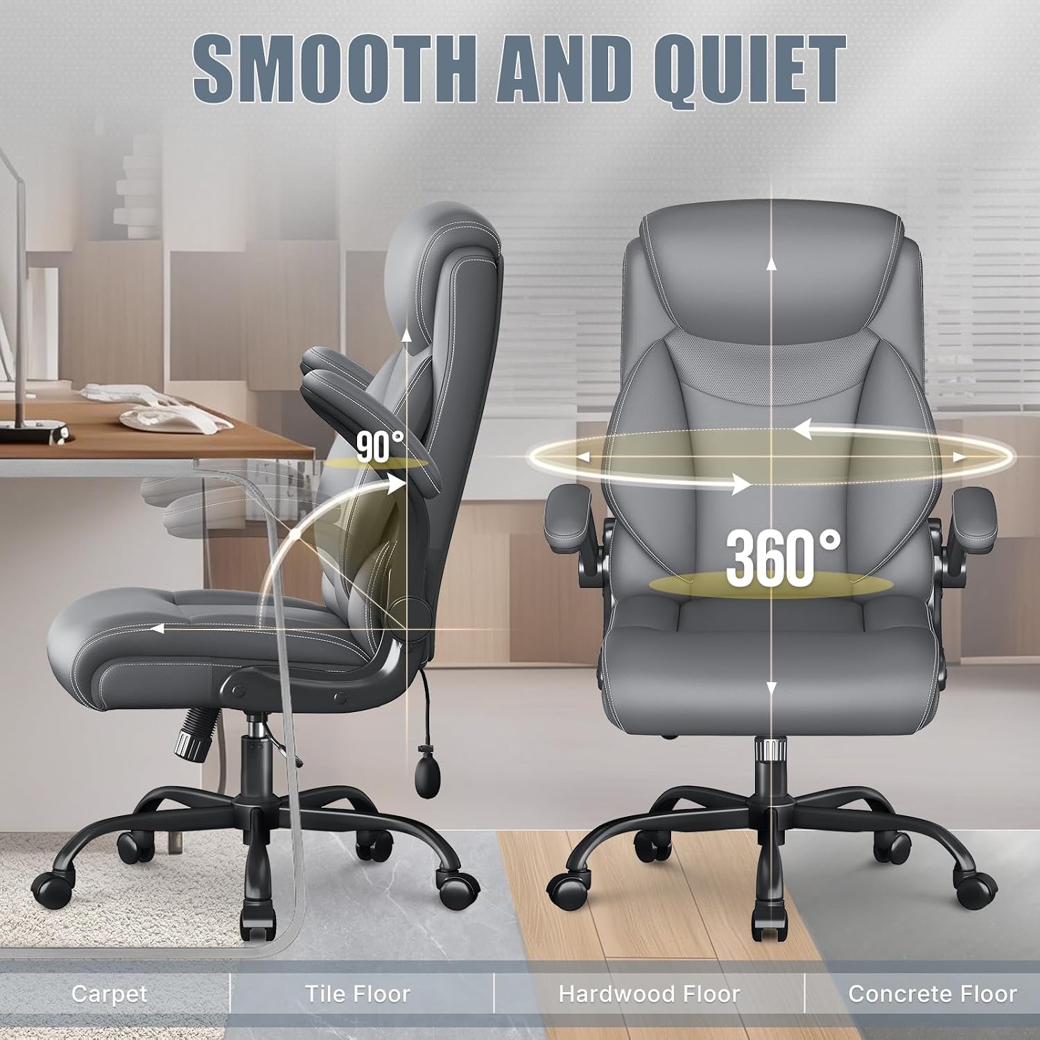 Ergonomic Office Chair, Big and Tall Office Chair, Executive Chair- Padded Leather Comfy Chair with Adjustable Lumbar Support & Flip-Up Arms, Swivel Chair for Home Office,2 Pack