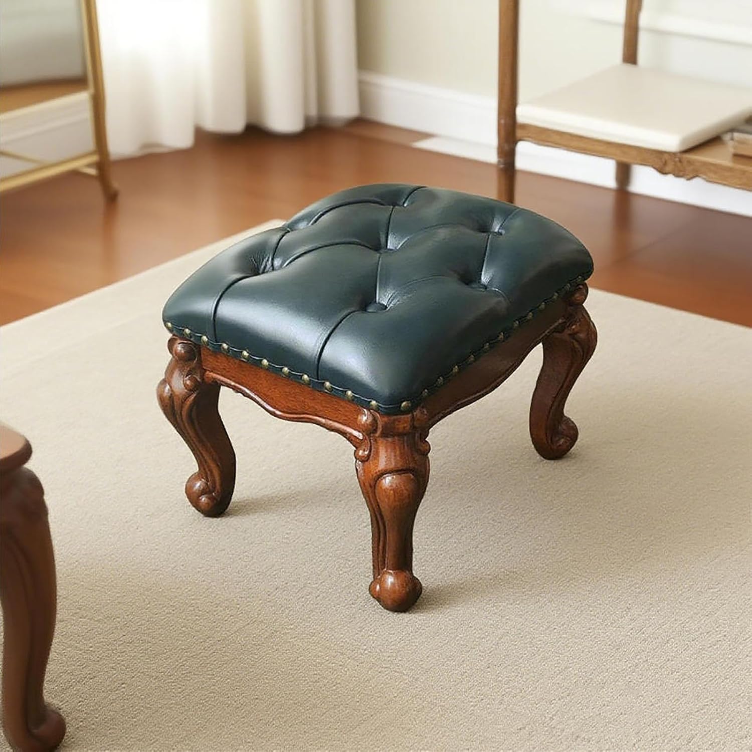 Leather Foot Stool,Vintage Footstools,Wooden Footrest,Upholstered Foot Rest for Living Room,Sofa,Entryway,Solid Wood Stool Walnut (Blue)