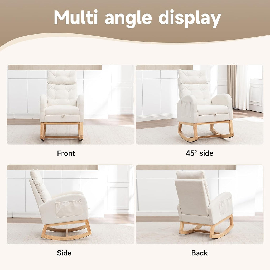 MINCETA Nursery Rocking Chair with Retractable Footrest, Chenille Glider Recliner Chair with High Backrest, Side Pocket and Silent Wood Base for Nursery, Living Room and Bedroom, Cream White