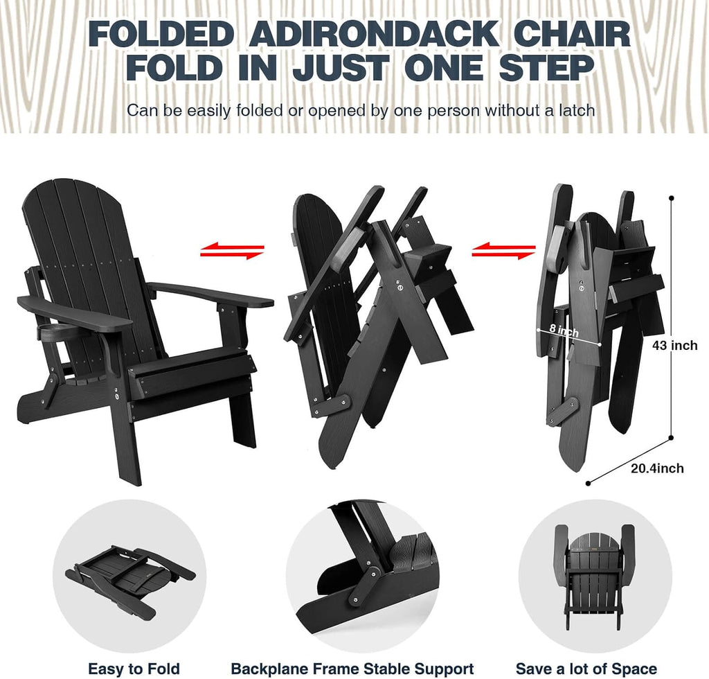 Folding Adirondack Chairs Set of 2, All Weather Resistant Plastic Chairs with Cup Holder, Fold or Unfold Easily in 1 Second, Outdoor Chairs for Patio, Garden, Backyard Deck, Lawn Fire Pit(Black)