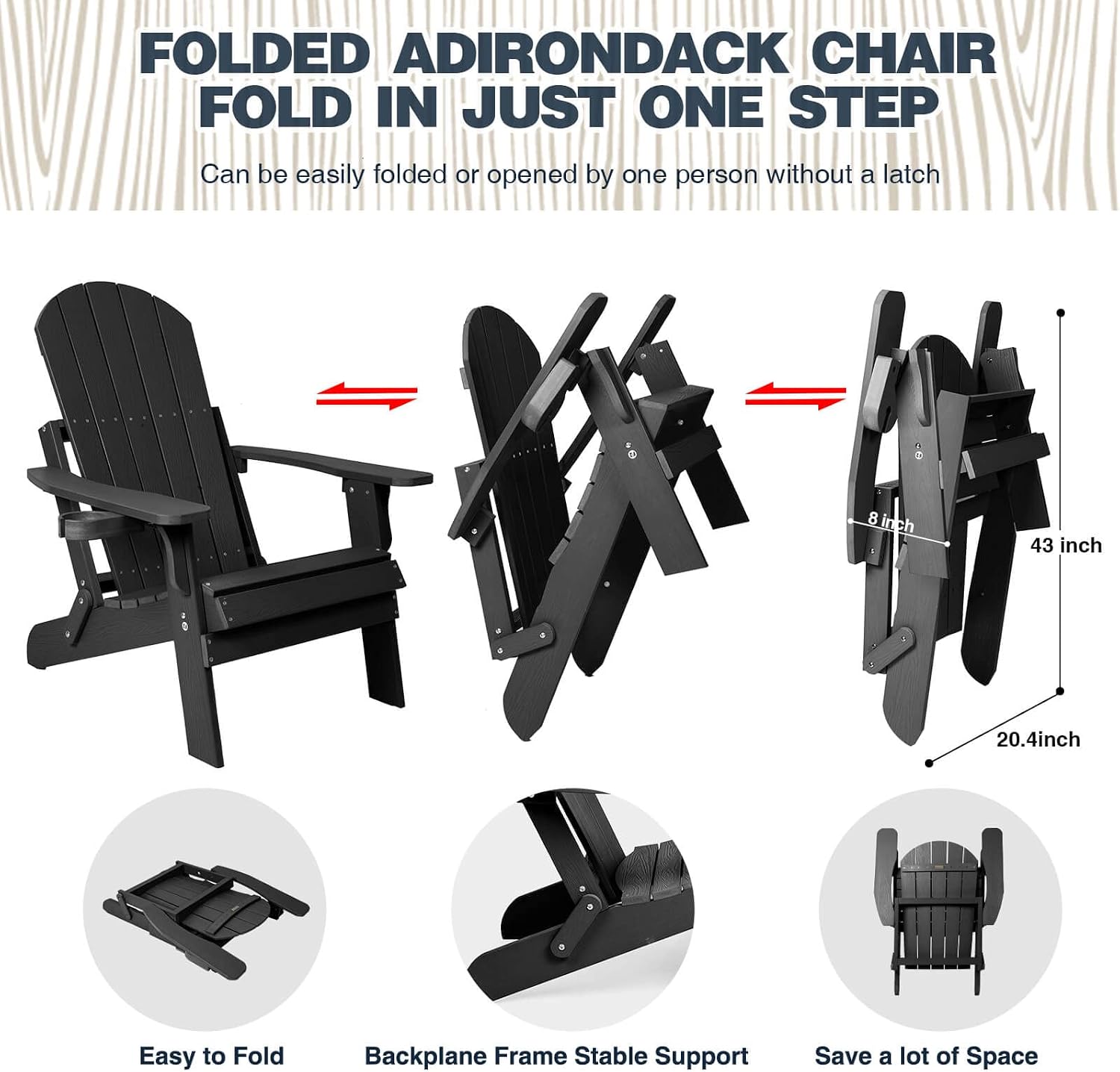 Folding Adirondack Chairs Set of 2, All Weather Resistant Plastic Chairs with Cup Holder, Fold or Unfold Easily in 1 Second, Outdoor Chairs for Patio, Garden, Backyard Deck, Lawn Fire Pit(Black)