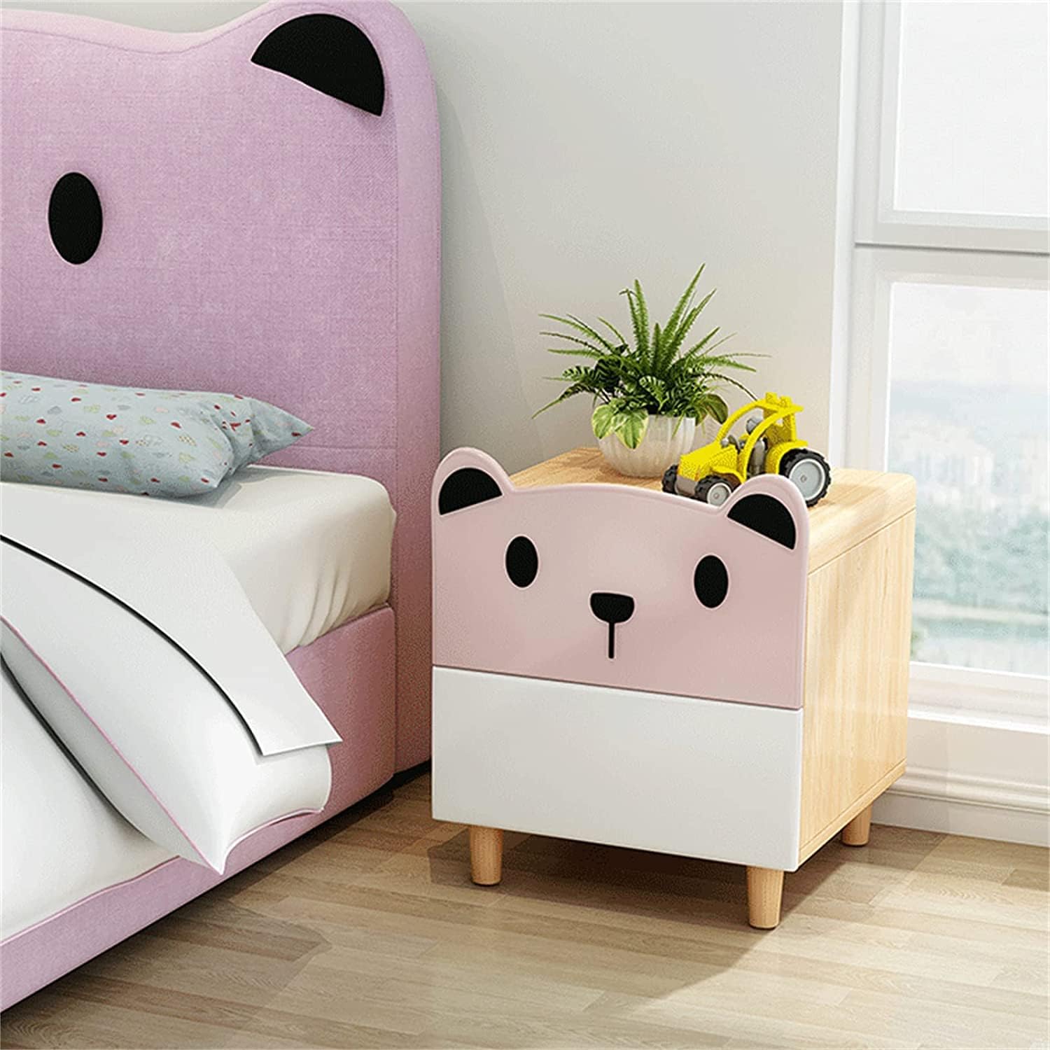 Children'sBedsideTableWood,ModernMinimalistNarrowNightstandForBedroom,BedsideCabinet2Drawer,SmallCartoonBearBedsideCabinetStorageCabinet40X35X51CM(Color:Pink) Needed