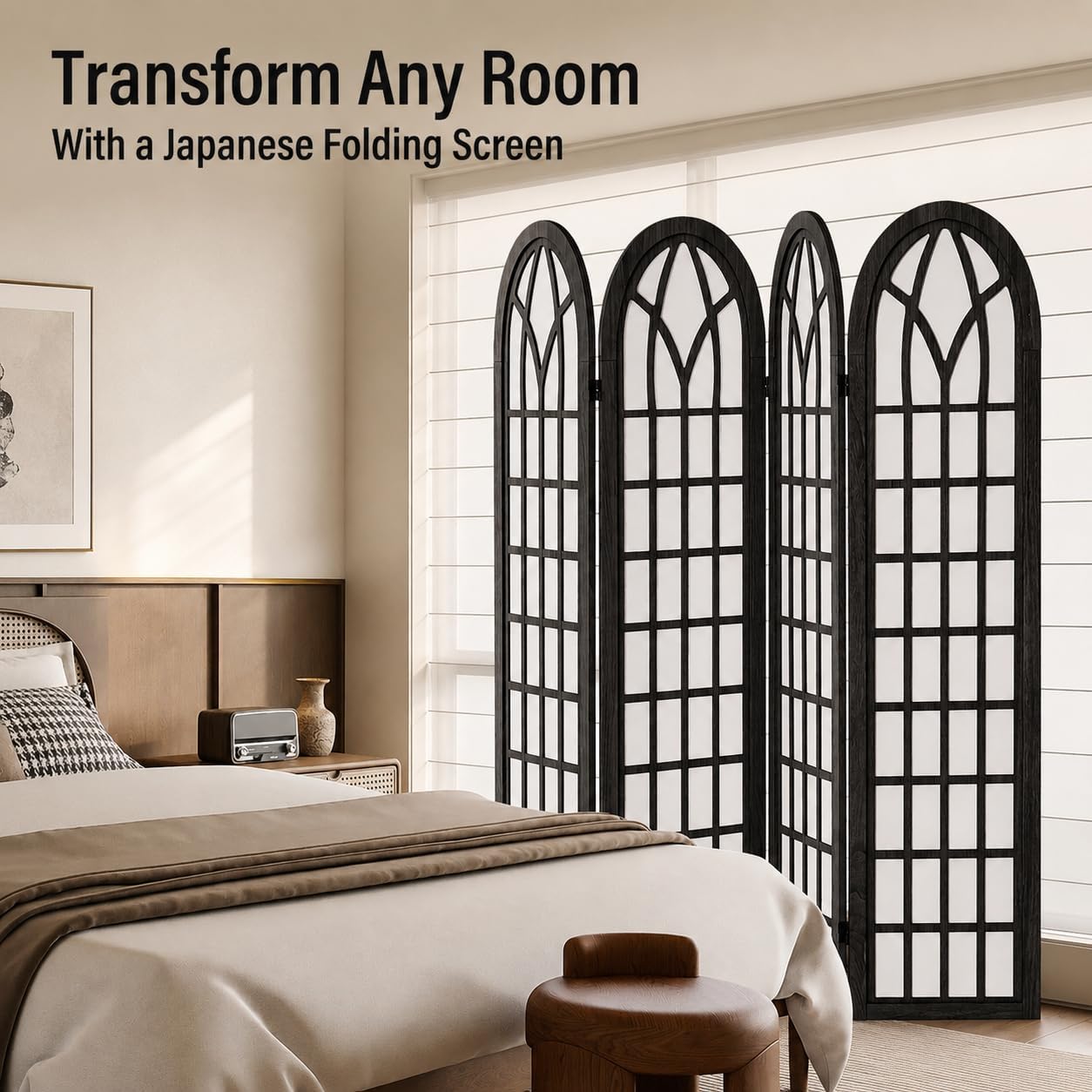 4 Panel Room Divider Screen, Freestanding Shoji Style Privacy Partition with Black Wooden Frame, Decorative Folding Wall Divider for Bedroom, Office, Apartment