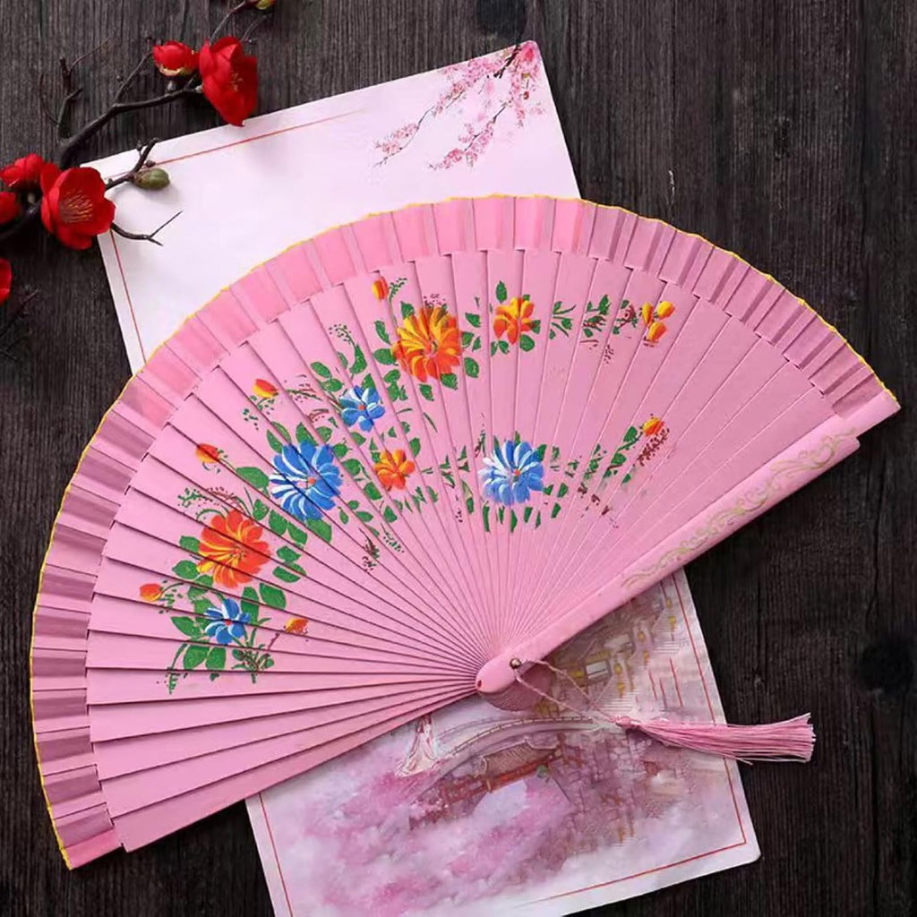 Elegant Spanish Dancing Fan, Vintage Hand, Double Sided Hand Painted Florals Folding for Decoration and Photography Prop