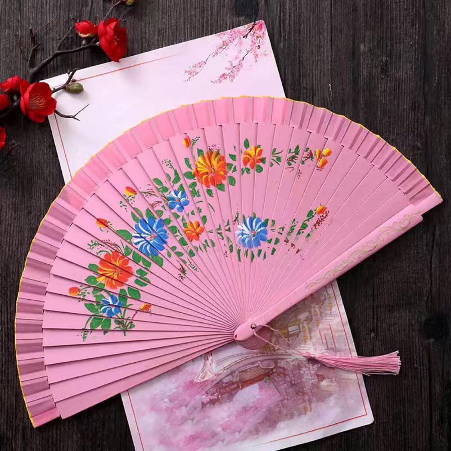 Elegant Spanish Dancing Fan, Vintage Hand, Double Sided Hand Painted Florals Folding for Decoration and Photography Prop