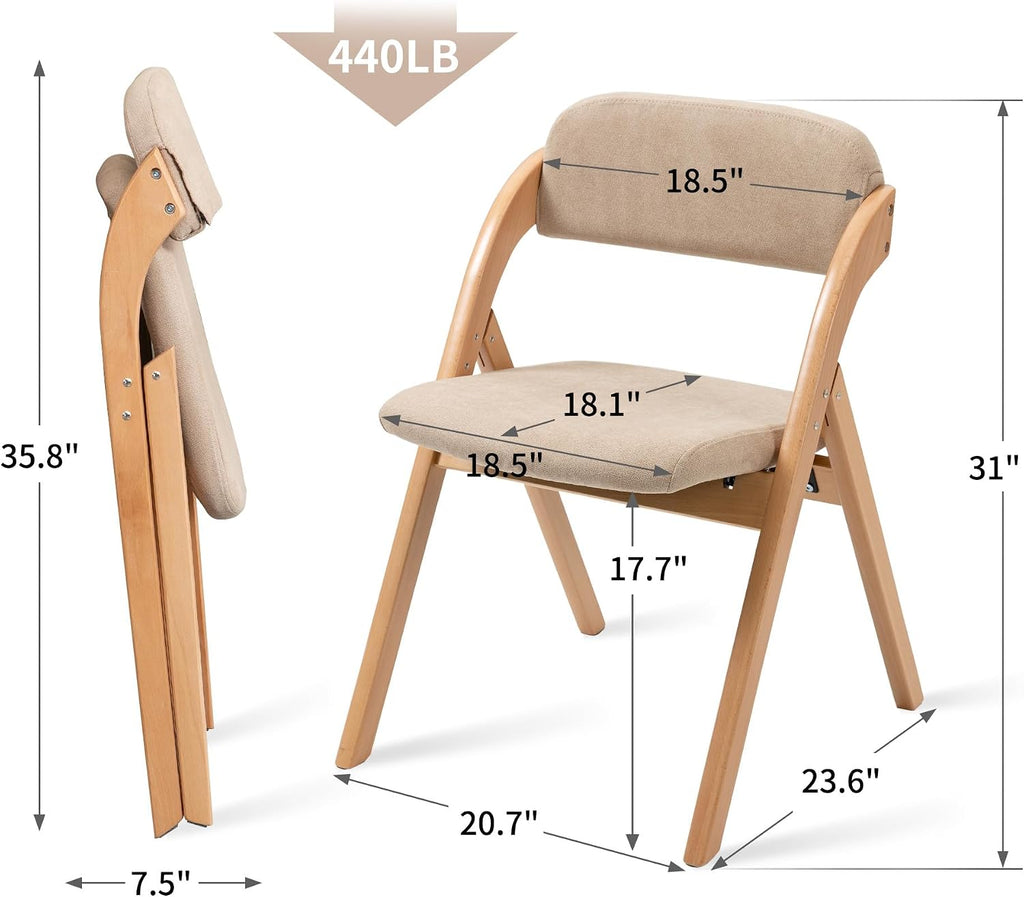 HOMEFUN Folding Chairs with Padded Seats, Wooden Stackable Dining Chair Set of 2 with Removable Cover Extra for Guests Kitchen Office Wedding Party Picnic, Khaki