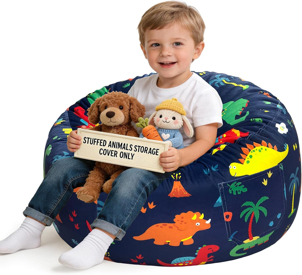 Lukeight Stuffed Animals Storage Bean Bag Chair Cover, Large 27 x 16 in | Dinosaur Cozy Velvet Plush Toy Organizer Seat for Kids, Cover Only, No Filling Included, Long YKK Zipper, Side Pocket