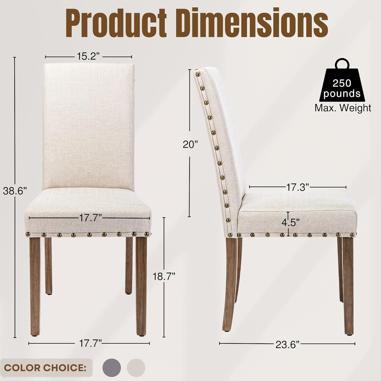 Upholstered Dining Chair Modern Stylish Parsons Kitchen Diner High Back with Bronze Nailhead Trim & Wood Legs, Set of 2, Beige