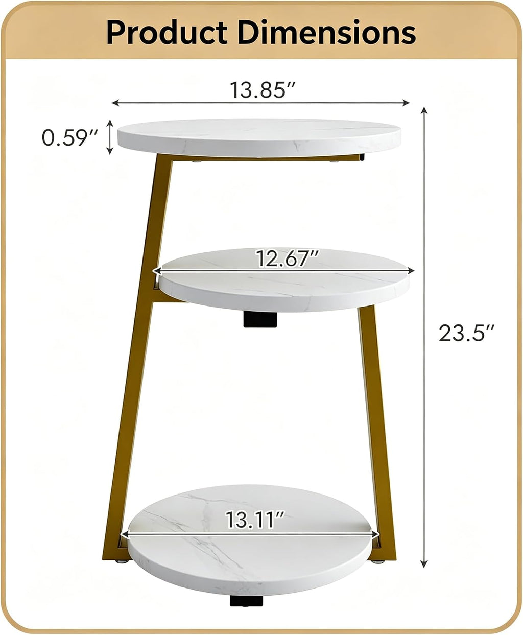 3-Tier Round Side Table, Faux Marble Top Side Table with Sturdy Metal Frame, Modern White End Table Compact Nightstand for Living Room, Bedroom, Small Spaces, Easy Assembly