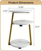 3-Tier Round Side Table, Faux Marble Top Side Table with Sturdy Metal Frame, Modern White End Table Compact Nightstand for Living Room, Bedroom, Small Spaces, Easy Assembly