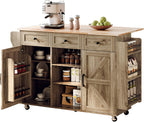 VINGLI Kitchen Island with Storage, 52" Rolling Kitchen Cart with 3 Drawers & Shelves, Drop Leaf Design, Mobile Island with Barn Doors, Towel & Spice Rack for Kitchen & Dining, Grey Brown Oak