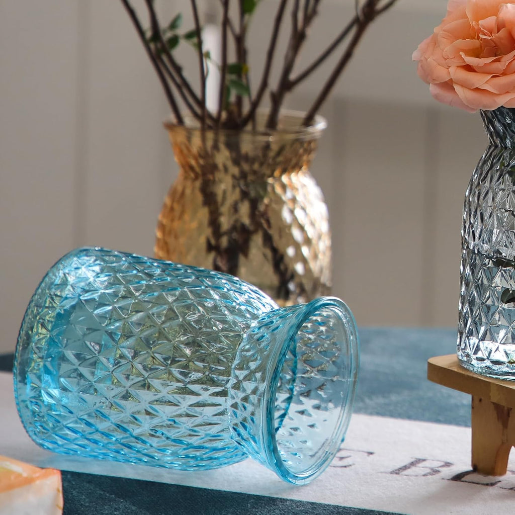 OFFIDIX Glass Vase,6.2 * 3.5in Large Mouth Shape Geometric Faceted Design Flower Vase for Weddings,Events,Decorating,Office,Home Decor