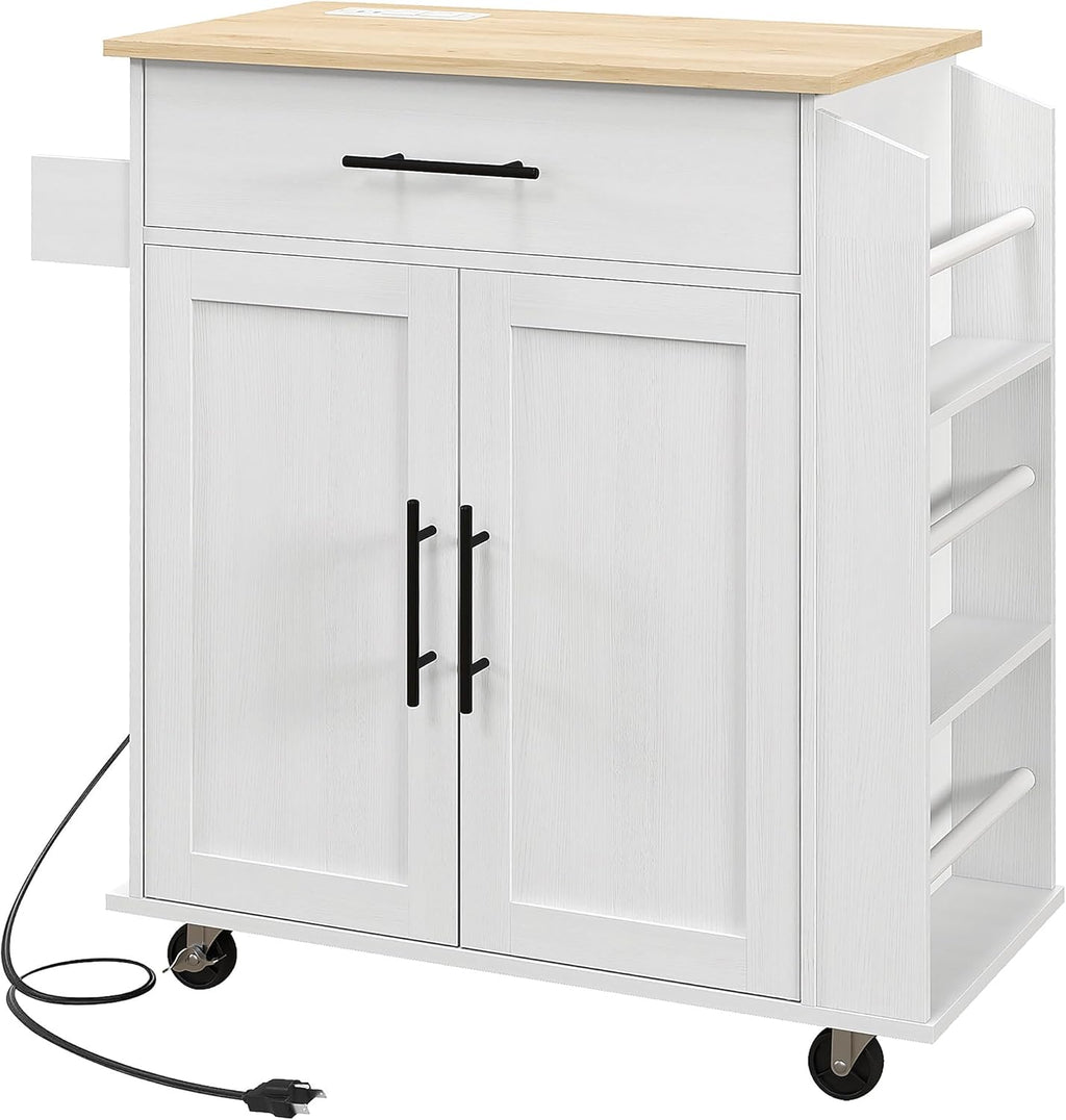 HOMCOM Kitchen Island with Storage, Rolling Kitchen Cart with AC Outlets and USB Ports, Microwave Stand with Towel and Spice Rack, White