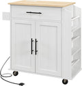 HOMCOM Kitchen Island with Storage, Rolling Kitchen Cart with AC Outlets and USB Ports, Microwave Stand with Towel and Spice Rack, White