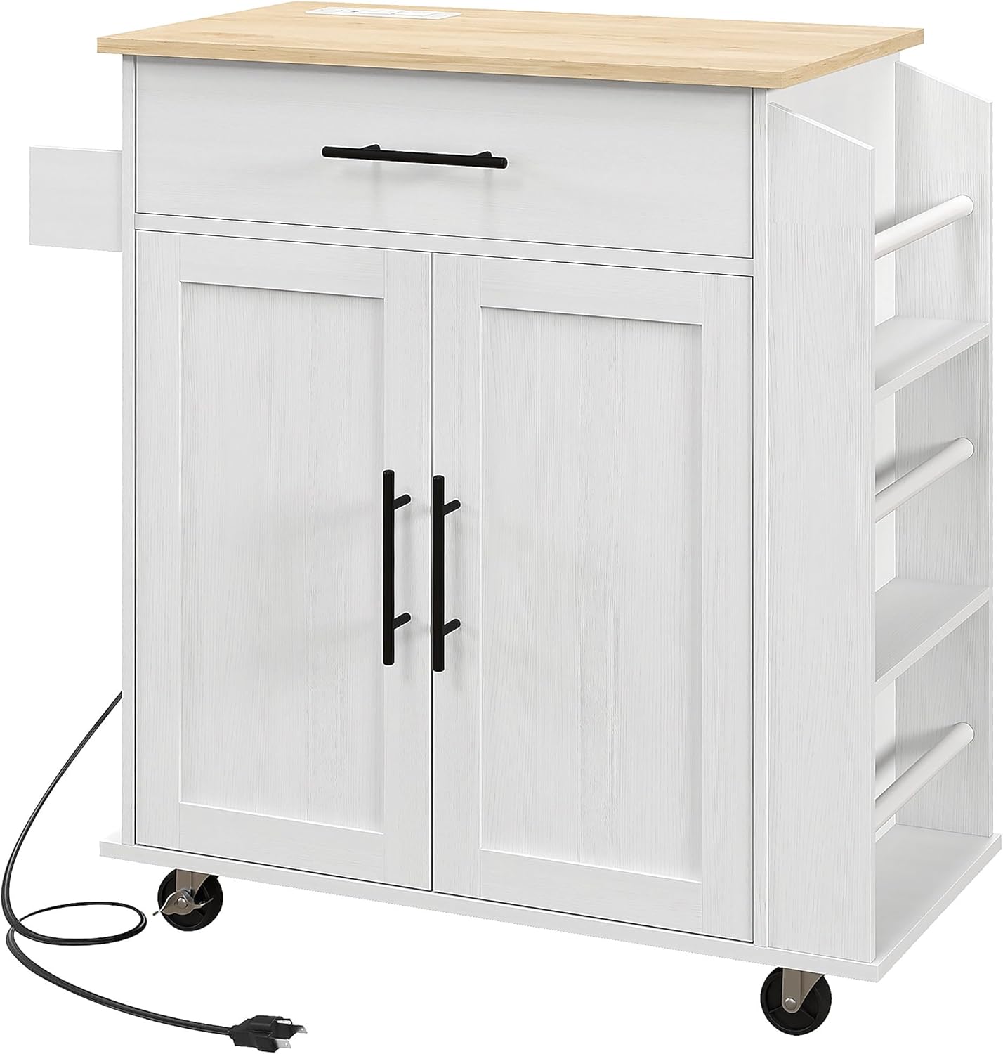 HOMCOM Kitchen Island with Storage, Rolling Kitchen Cart with AC Outlets and USB Ports, Microwave Stand with Towel and Spice Rack, White