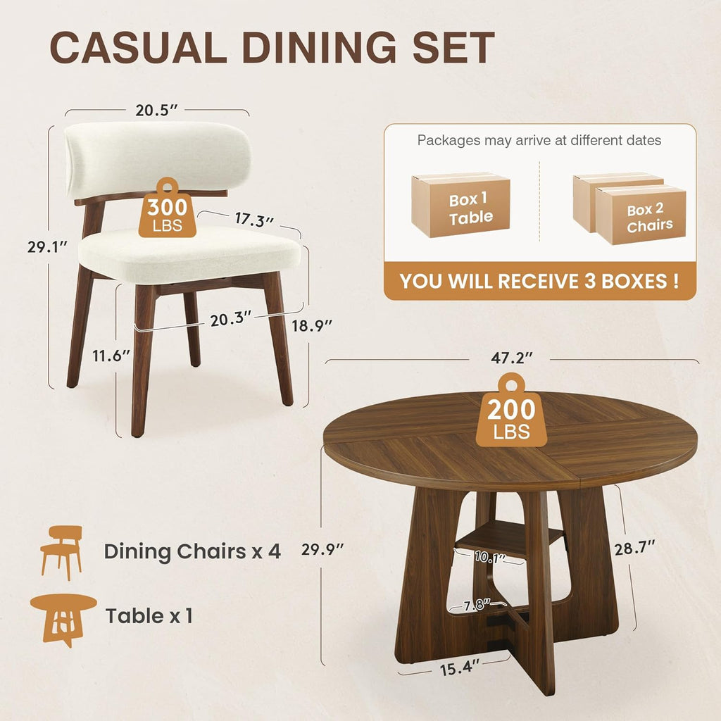 GRUSIGN 5-Piece Round Dining Table Set for 4-6, 47" Farmhouse Table with 4 Upholstered Dining Chairs, Ergonomic Curved Backrest, Space-Saving Wood Dinette Set for Dining Room Apartment, Small Space