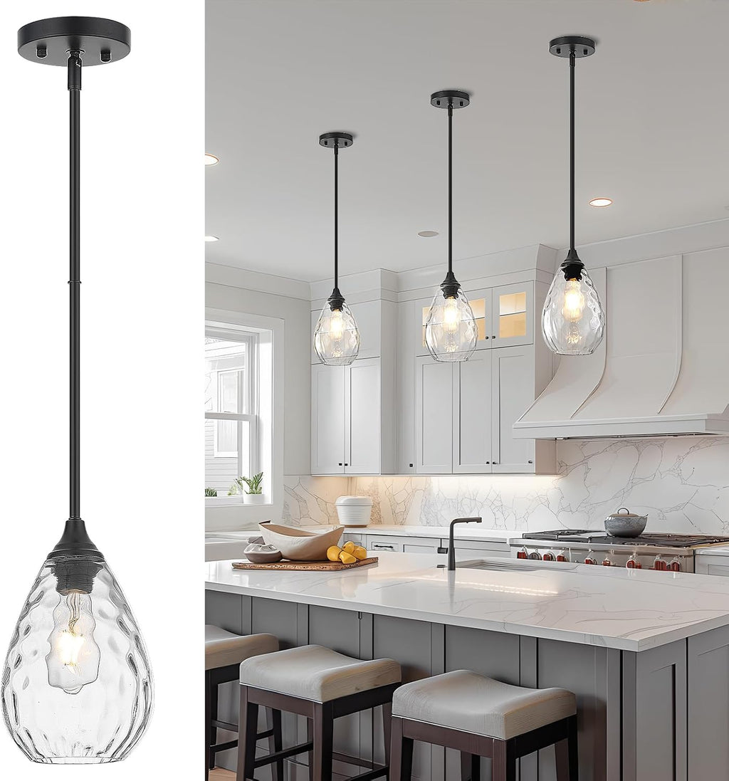 Glass Pendant Lights Kitchen Island, 1-Light Modern Black Pendant Light Fixtures with Hammered Glass and Rods, Small Hanging Light for Kitchen Sink Dining Room Bathroom