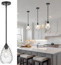 Glass Pendant Lights Kitchen Island, 1-Light Modern Black Pendant Light Fixtures with Hammered Glass and Rods, Small Hanging Light for Kitchen Sink Dining Room Bathroom