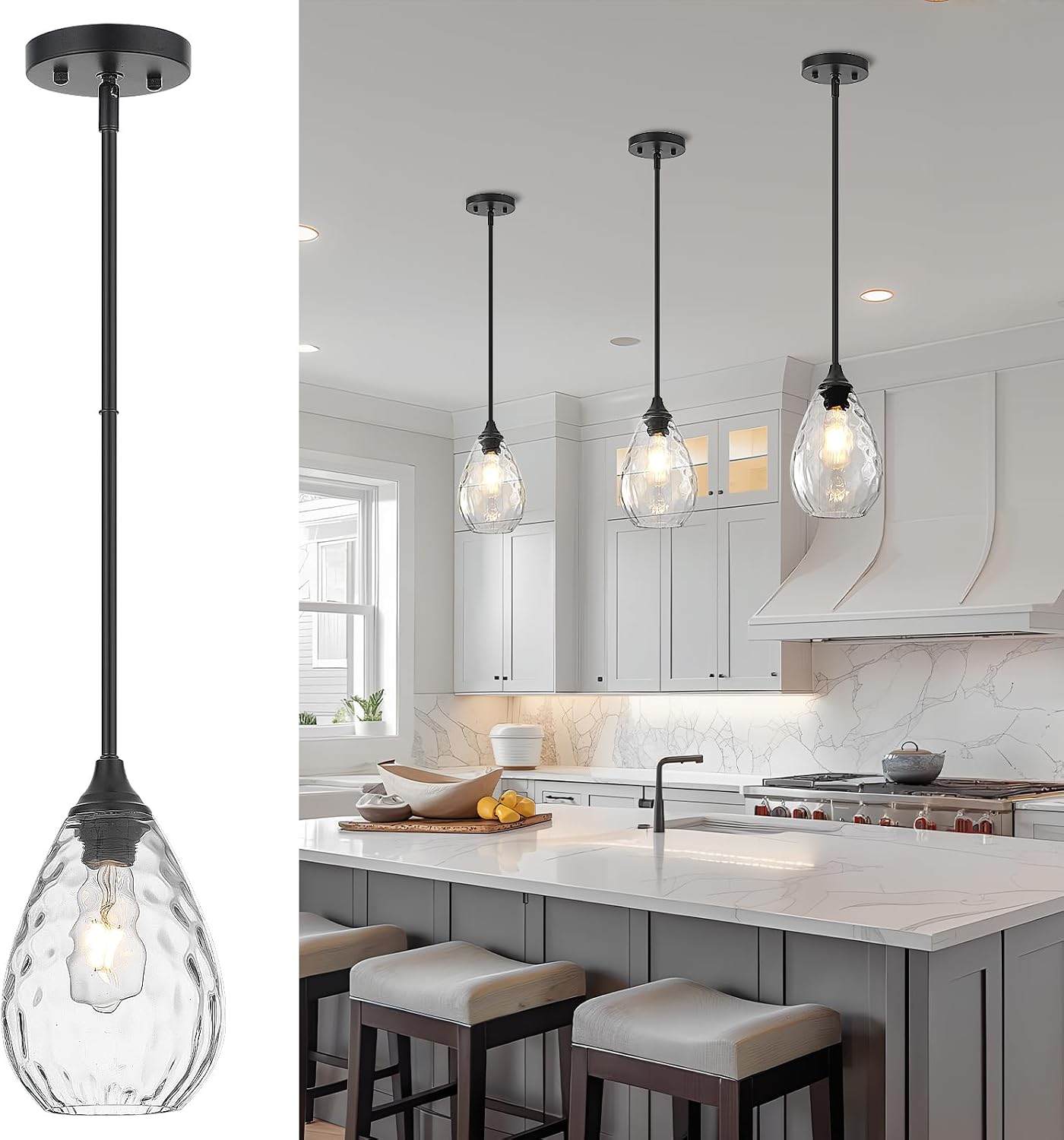 Glass Pendant Lights Kitchen Island, 1-Light Modern Black Pendant Light Fixtures with Hammered Glass and Rods, Small Hanging Light for Kitchen Sink Dining Room Bathroom