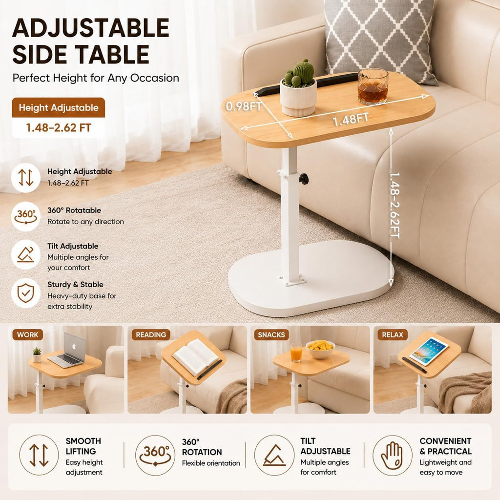 Adjustable C Table End Table, Height Adjustable 360° Swivel TV Tray Table for Small Spaces, Sofa Bedside Laptop Side Table that Slides Under Couch, Living Room & Bedroom (Natural Wood/White)