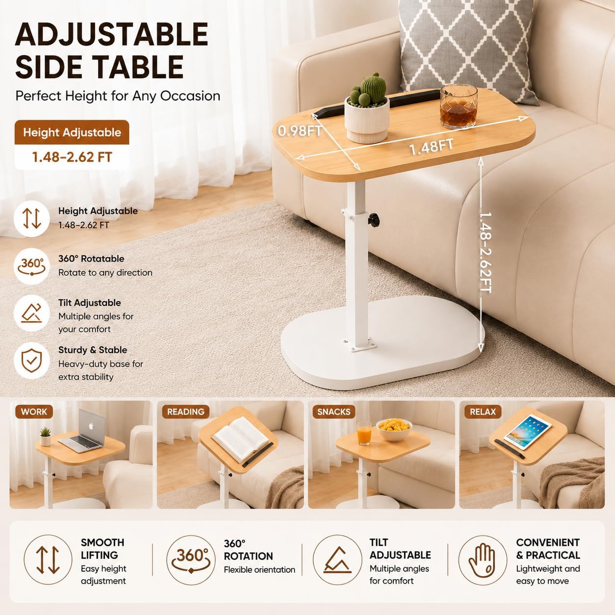 Adjustable C Table End Table, Height Adjustable 360° Swivel TV Tray Table for Small Spaces, Sofa Bedside Laptop Side Table that Slides Under Couch, Living Room & Bedroom (Natural Wood/White)