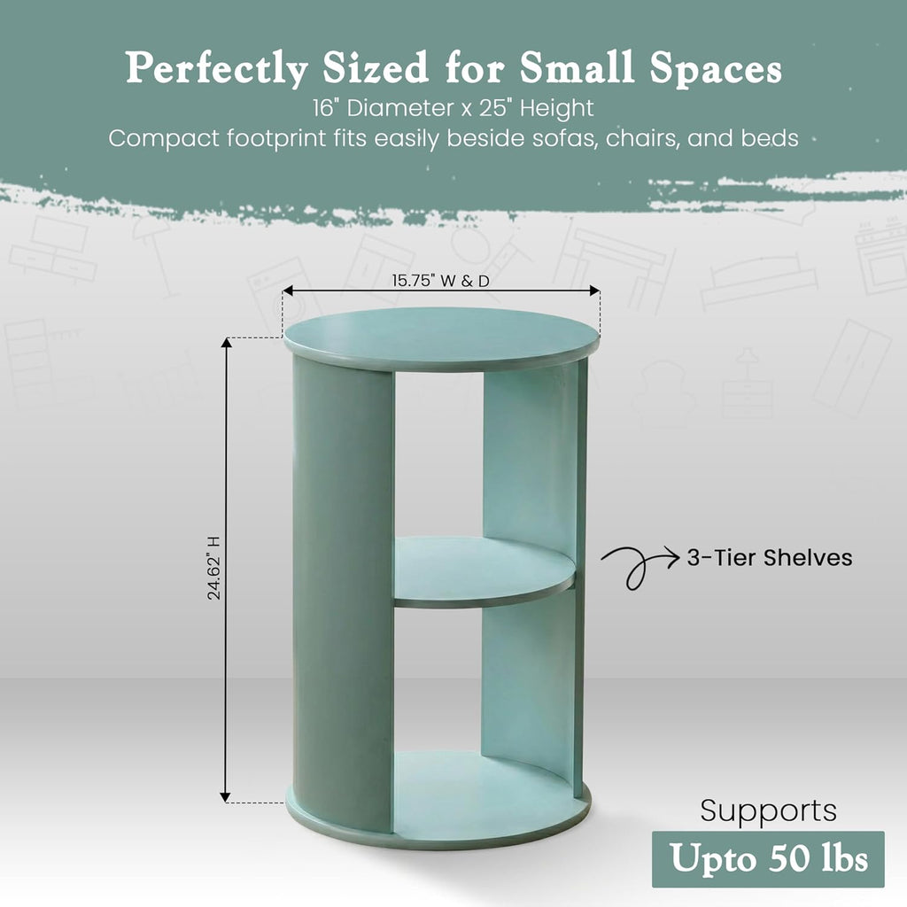 Kings Brand Furniture Round 3-Tier Accent Side Table with Storage Shelves, Wooden End Table Bedside Table for Living Room or Bedroom (Glacier)