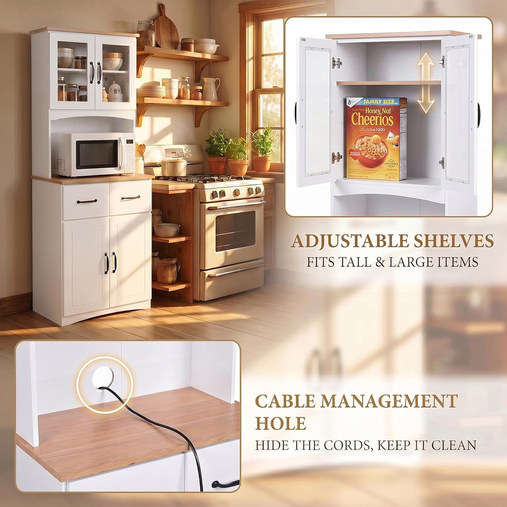 Wooden-Style Microwave Stand with Storage, Glass Door Cabinet with Drawers for Kitchen, Pantry Cabinet with Adjustable Shelves, Lower Louvered Doors, Buffet Hutch for Dining Room & Living Room(White)