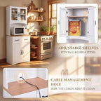 Wooden-Style Microwave Stand with Storage, Glass Door Cabinet with Drawers for Kitchen, Pantry Cabinet with Adjustable Shelves, Lower Louvered Doors, Buffet Hutch for Dining Room & Living Room(White)