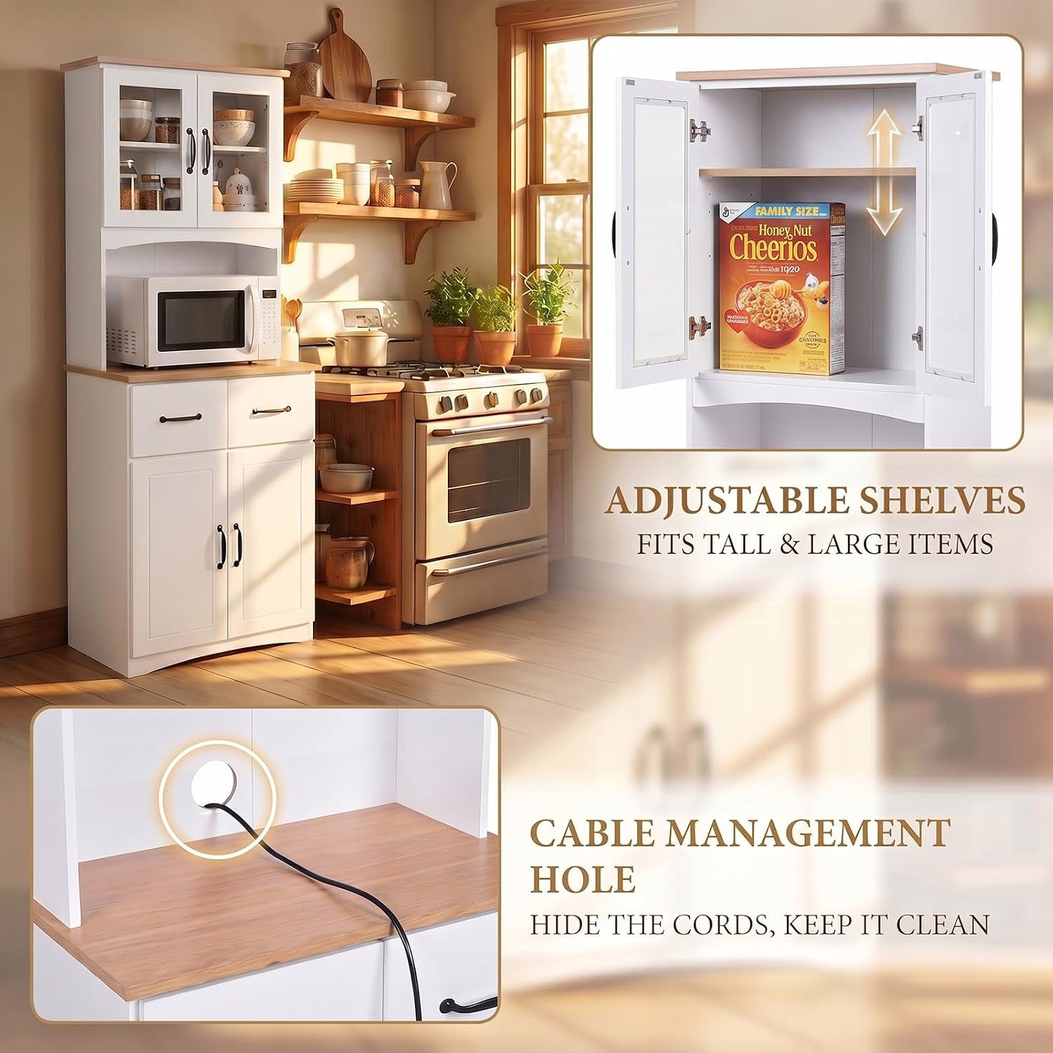 Wooden-Style Microwave Stand with Storage, Glass Door Cabinet with Drawers for Kitchen, Pantry Cabinet with Adjustable Shelves, Lower Louvered Doors, Buffet Hutch for Dining Room & Living Room(White)