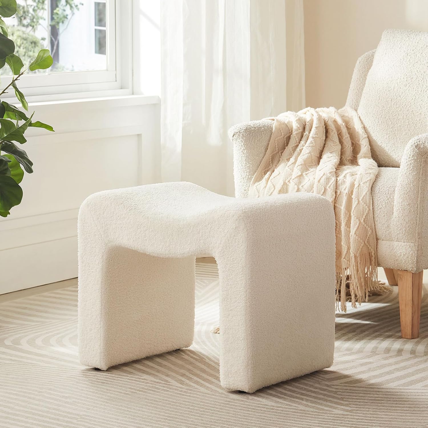 Ottoman Vanity Stool Chair Small Footstool Seating Backless Modern Foot Rest Teddy Velvet Ottoman for Makeup Room Living Room Bedroom Entryway,White (Single 1)