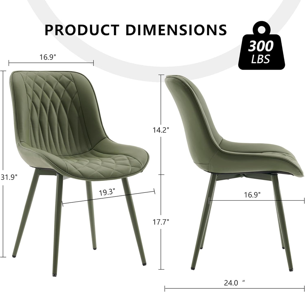 YOUNIKE Olive Green Faux Leather Dining Chairs Set of 2 Mid-Century Modern High Padded Back Comfy Upholstered Kitchen Chairs with Metal Legs Wide Seat Accent Side Chair for Dining/Living/Waiting Room