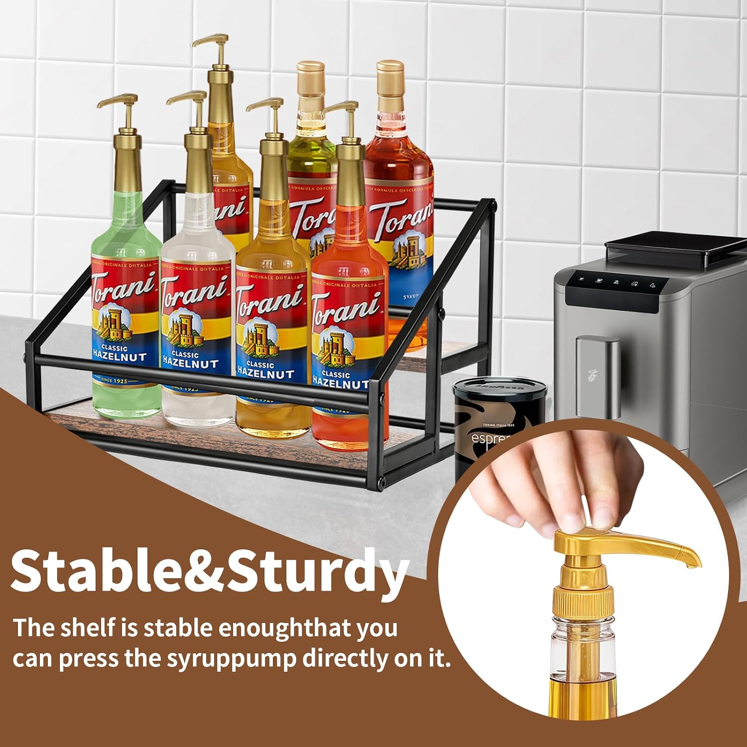 YQBRAO 2-Tier Coffee Syrup Organizer, 8-Bottle Rack, Rustic Brown | Holds up to 8 bottles in two raised rows for coffee bars, kitchens, counters, and beverage stations.